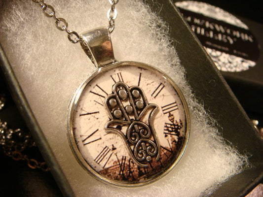 Hamsa over Victorian Clock Pendant Necklace