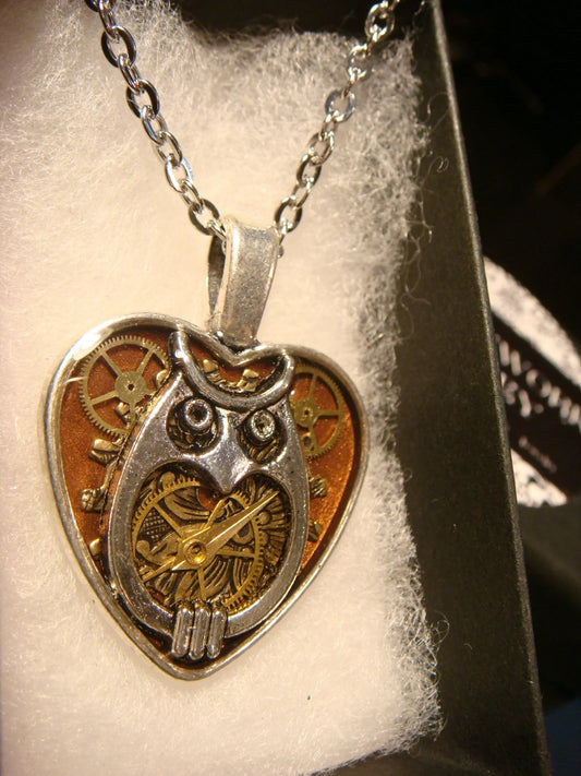 Owl Heart with Vintage Watch Parts Necklace