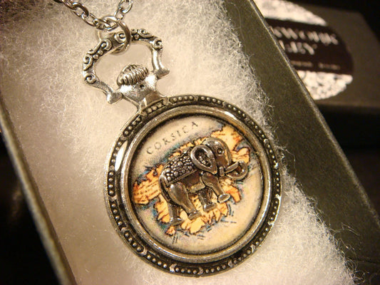 Elephant over Map Pocket Watch Pendant Necklace