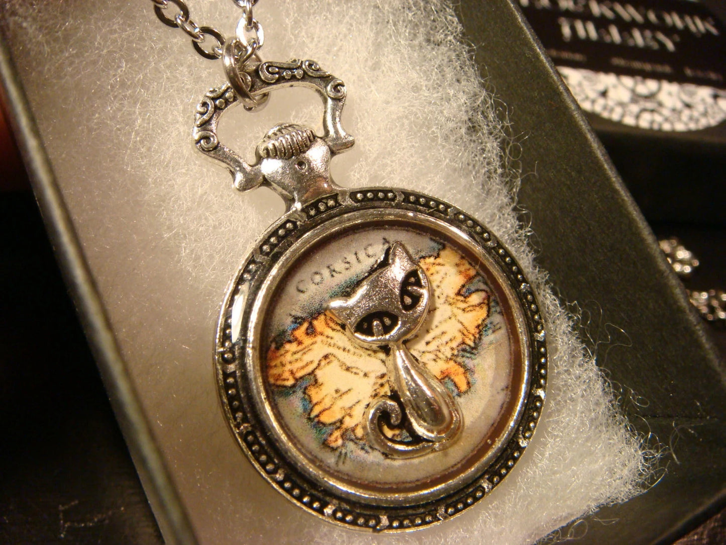 Cat over Map Pocket Watch Pendant Necklace