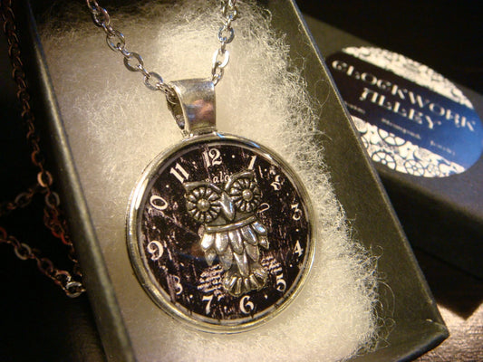 Owl over Clock Pendant Necklace