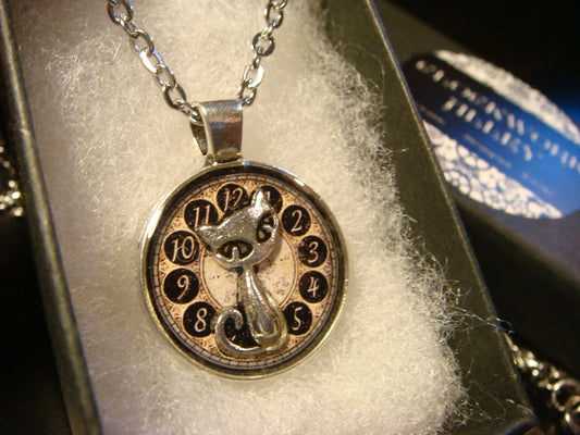 Cat over Clock Small Pendant Necklace