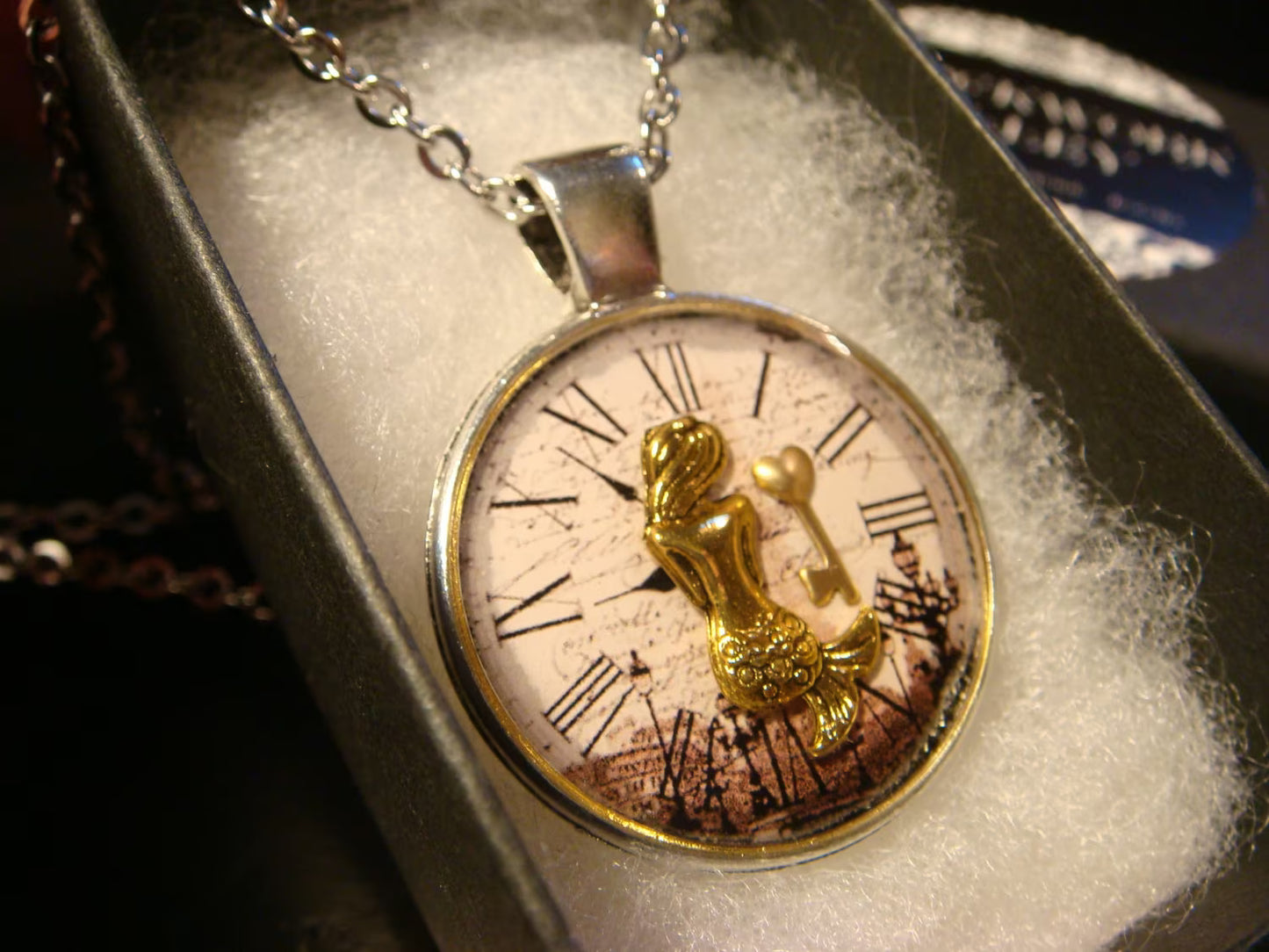 Mermaid and Key over Victorian Clock Pendant Necklace