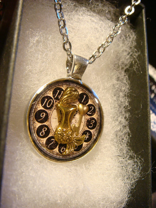 Mermaid over Clock Small Pendant Necklace
