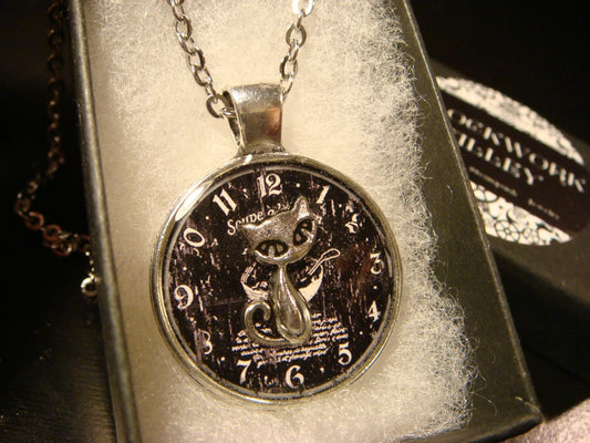 Cat over Clock Pendant Necklace