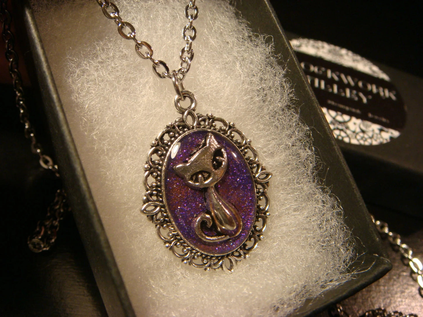 Cat over Purple Glitter Small Ornate Necklace