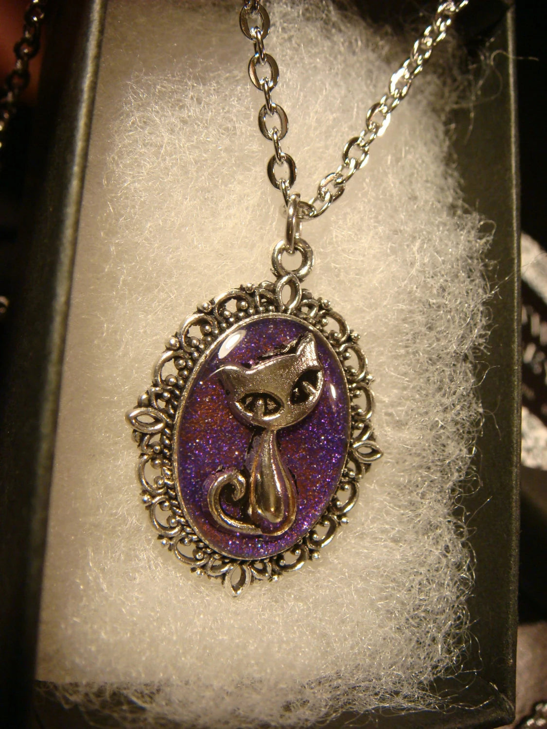 Cat over Purple Glitter Small Ornate Necklace