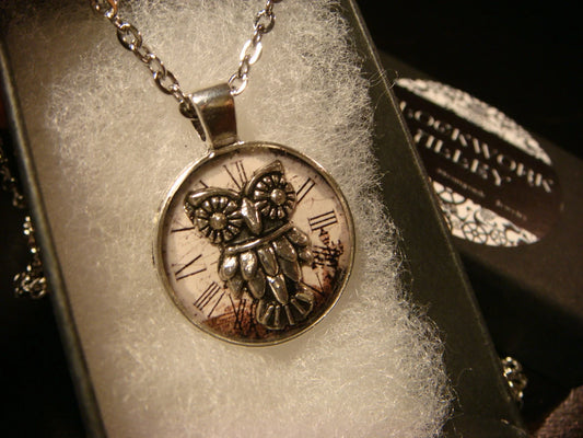 Owl over Victorian Clock Small Pendant Necklace