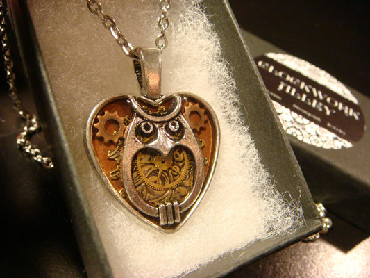 Owl Heart with Vintage Watch Parts Necklace