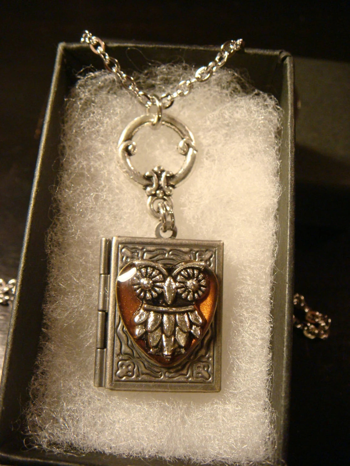 Owl in Antique Copper Heart Book Locket Necklace in Antique Silver