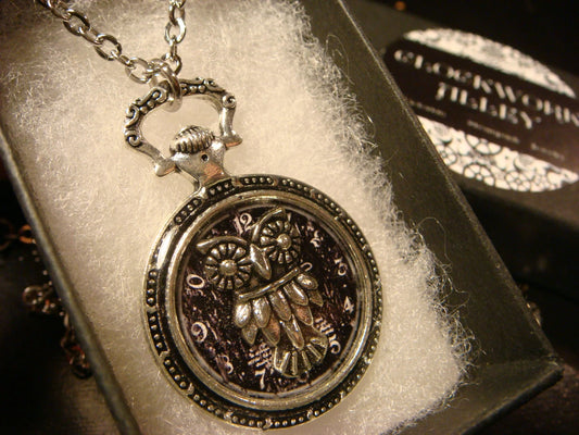 Owl over Clock Pocket Watch Pendant Necklace