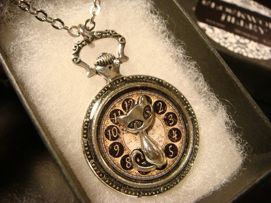 Cat over Clock Pocket Watch Pendant Necklace