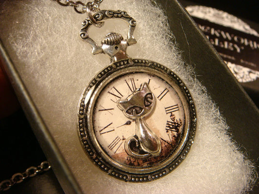 Cat over Victorian Clock Pocket Watch Pendant Necklace in Antique Silver