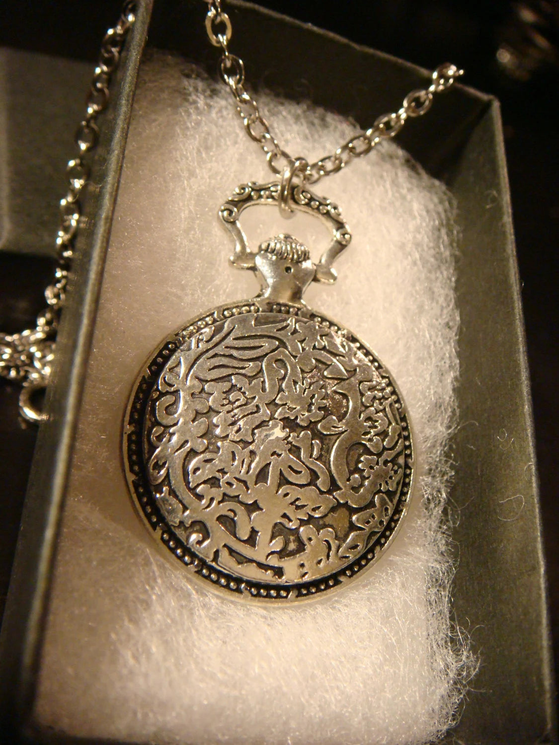 Cat over Victorian Clock Pocket Watch Pendant Necklace in Antique Silver