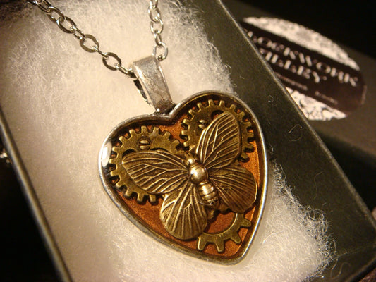 Butterfly Heart with Gears Necklace