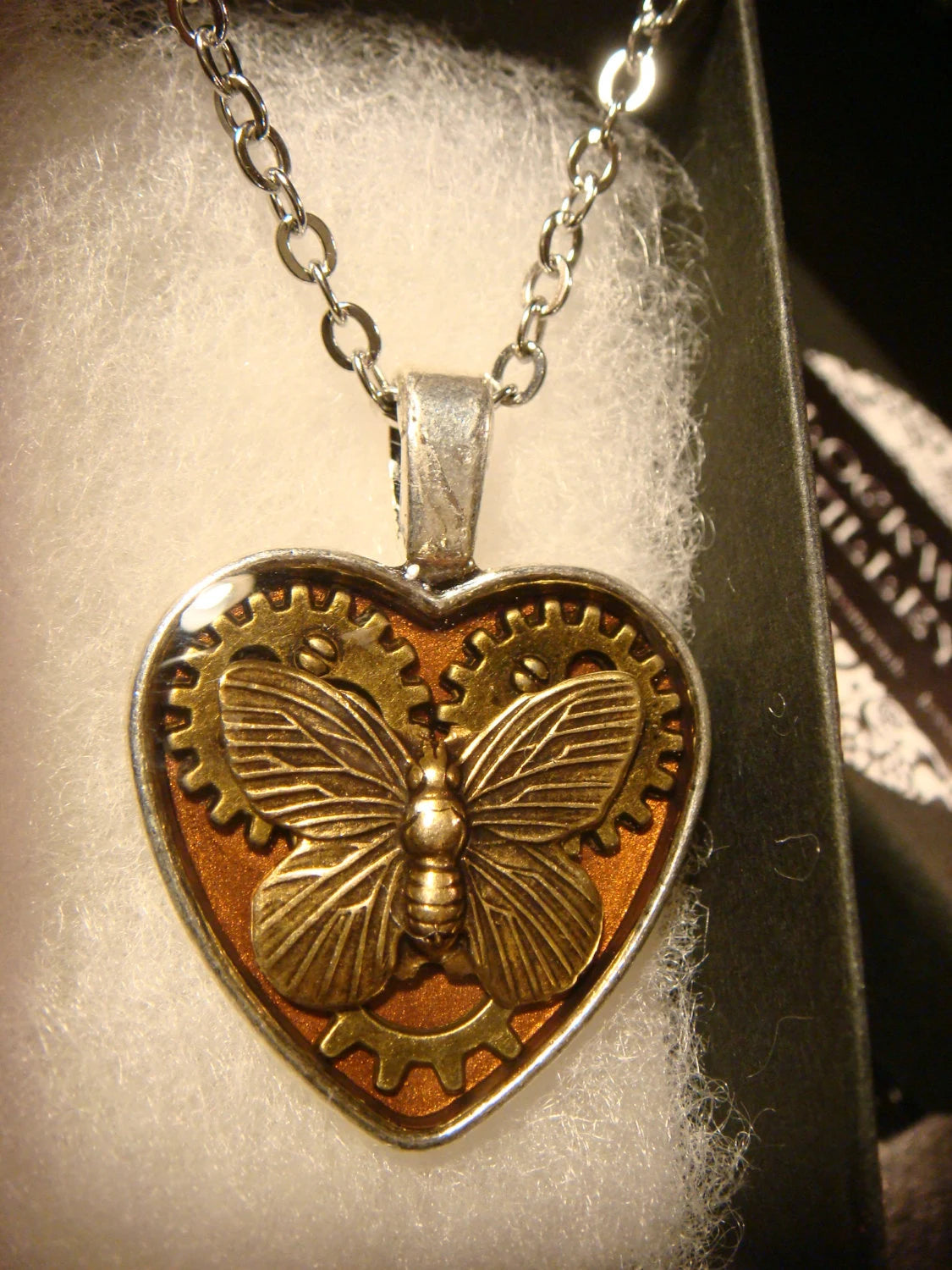 Butterfly Heart with Gears Necklace