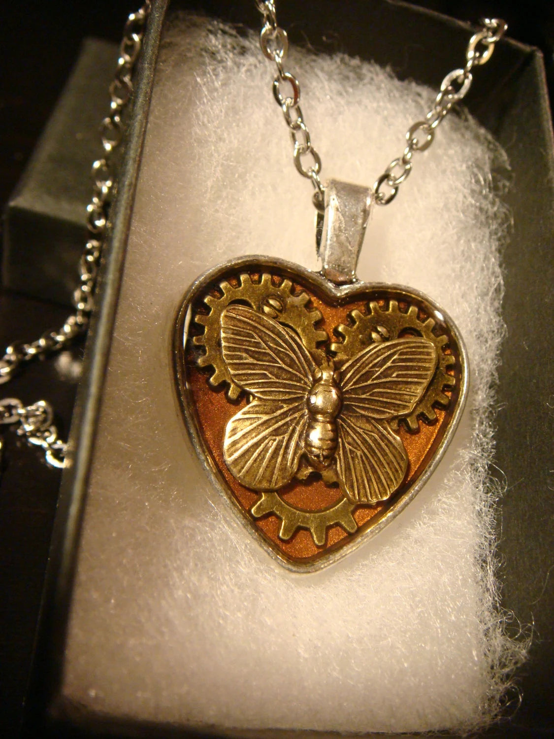 Butterfly Heart with Gears Necklace