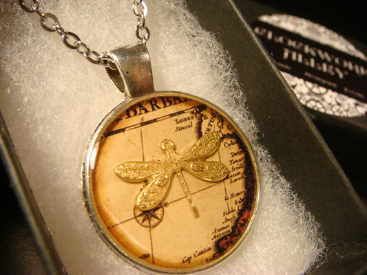 Dragonfly over Map Small Pendant Necklace