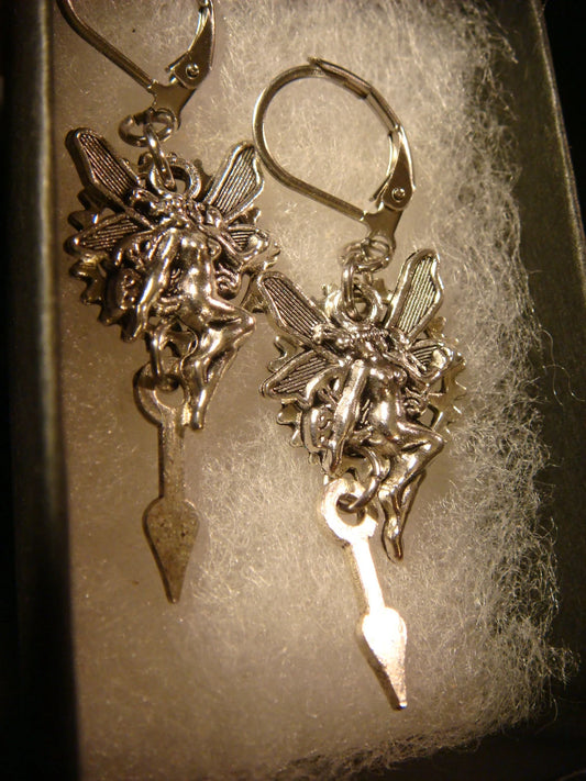 Fairy and Gear Dangle Earrings in Antique Silver