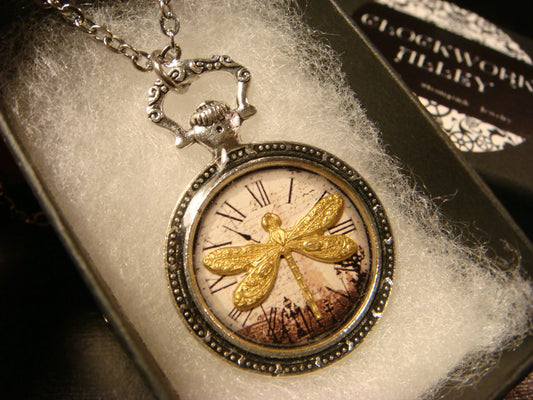 Dragonfly over Victorian Clock Pocket Watch Pendant Necklace