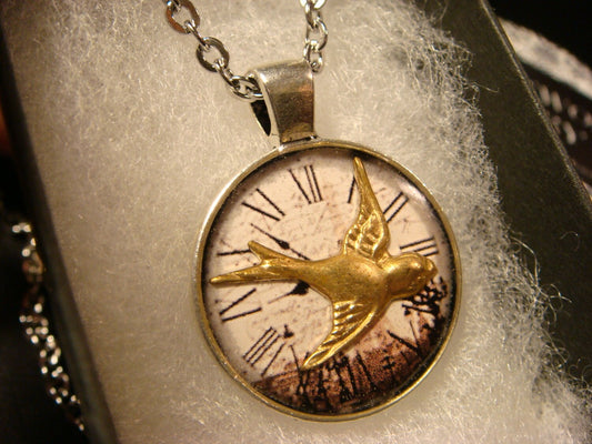 Sparrow over Victorian Clock Small Pendant Necklace