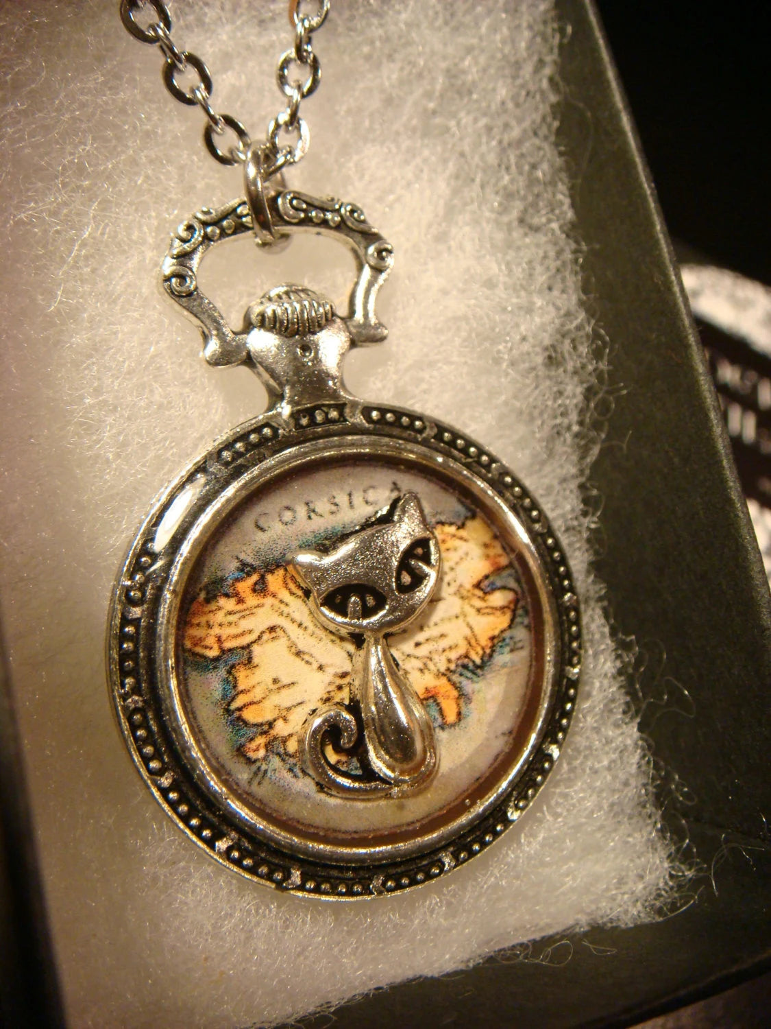 Cat over Map Pocket Watch Pendant Necklace