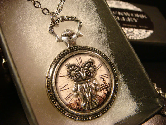 Owl over Victorian Clock Pocket Watch Pendant Necklace