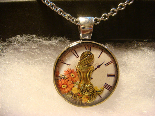 Mermaid over Floral Clock Small Pendant Necklace