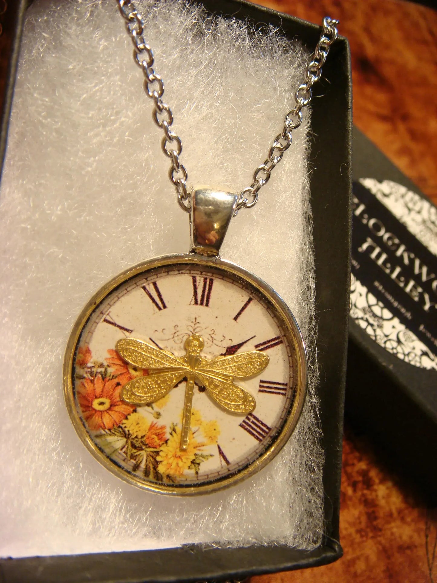 Dragonfly over Floral Clock Pendant Necklace