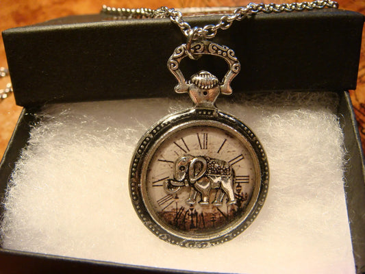 Elephant over Victorian Clock Pocket Watch Pendant Necklace