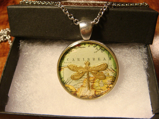 Dragonfly over Map Pendant Necklace