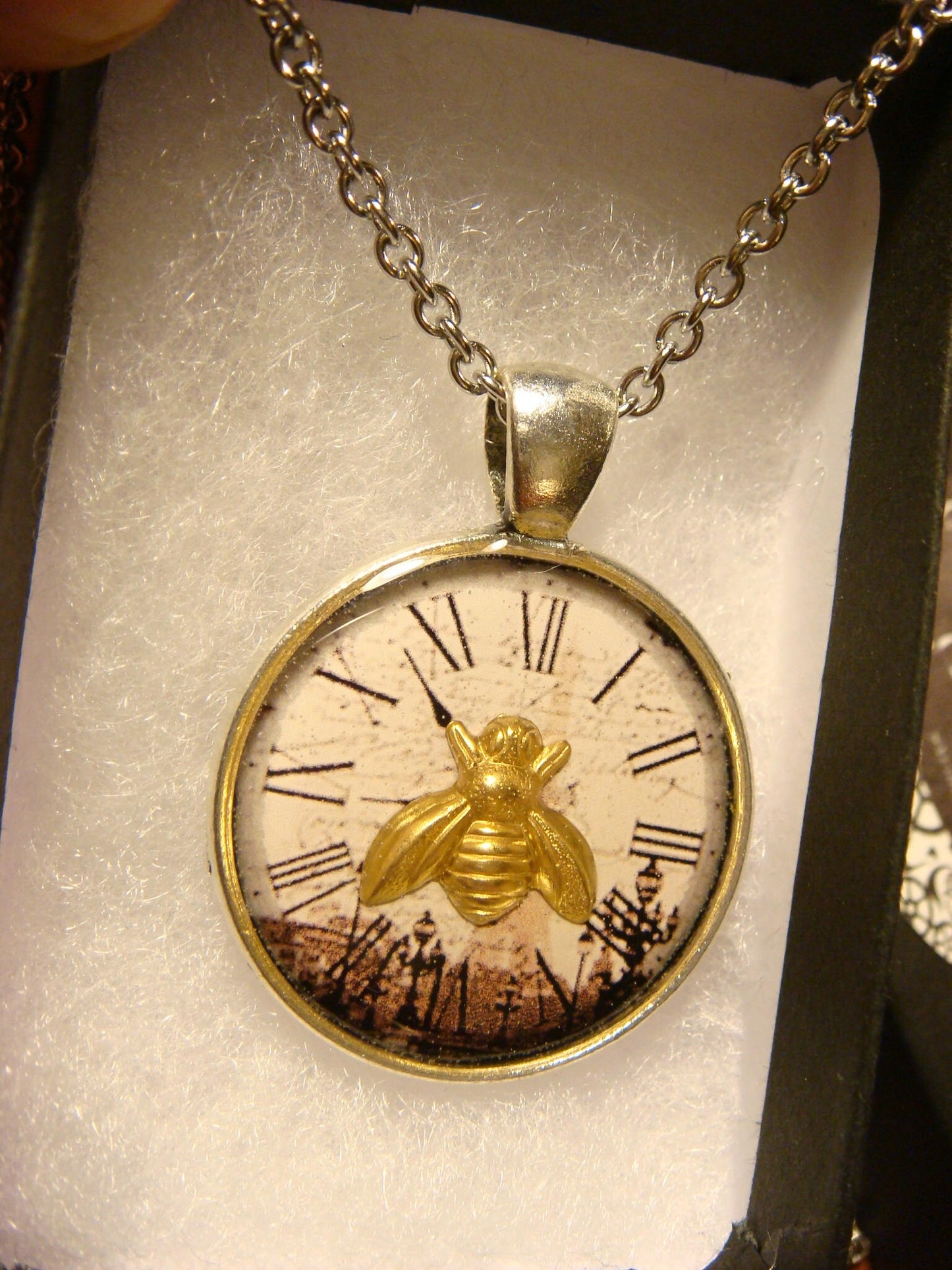 Bee over Victorian Clock Pendant Necklace