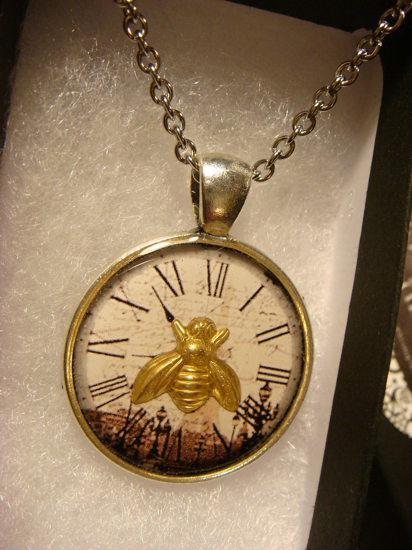 Bee over Victorian Clock Pendant Necklace