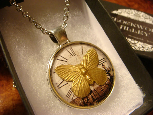 Butterfly over Victorian Clock Pendant Necklace