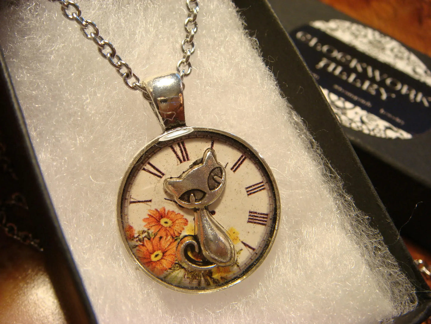 Cat over Floral Clock Small Pendant Necklace