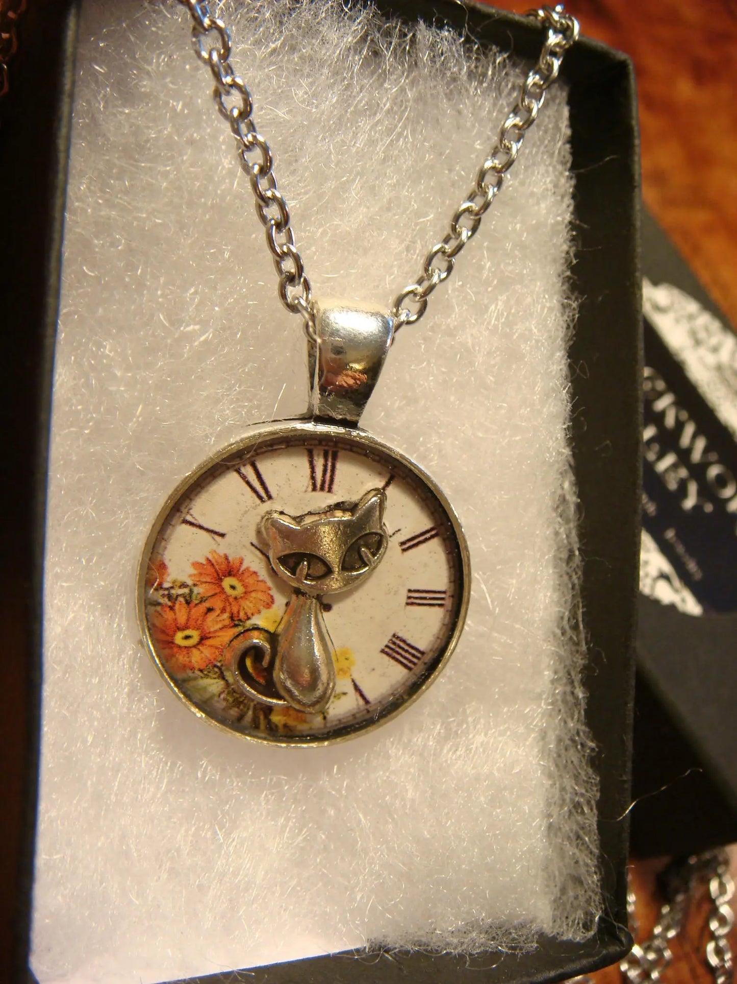 Cat over Floral Clock Small Pendant Necklace