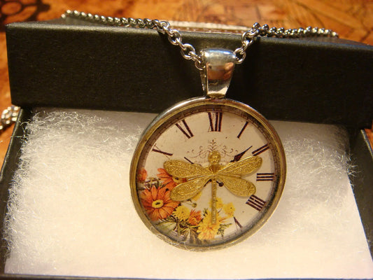 Dragonfly over Floral Clock Pendant Necklace