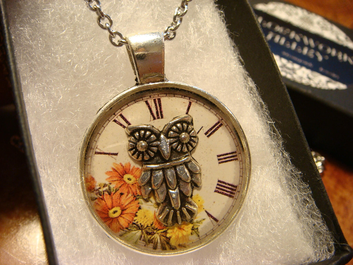 Owl over Floral Clock Pendant Necklace