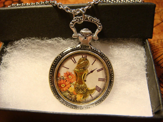 Mermaid over Floral Clock Pocket Watch Pendant Necklace