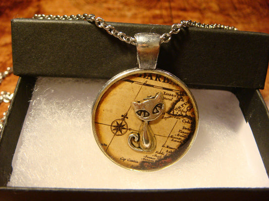 Cat over Map Pendant Necklace