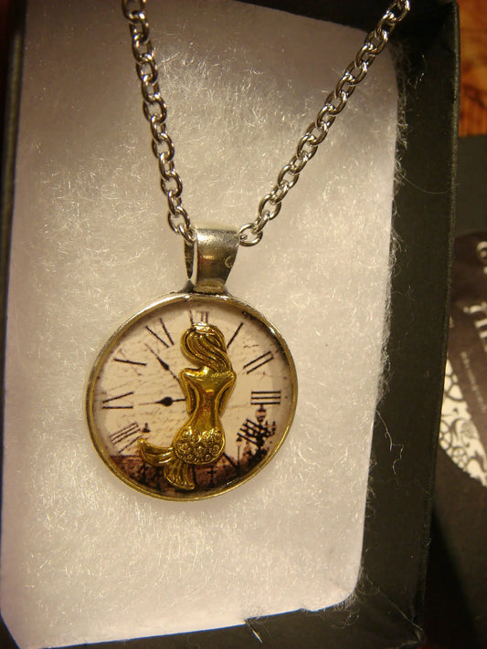 Mermaid over Victorian Clock Small Pendant Necklace