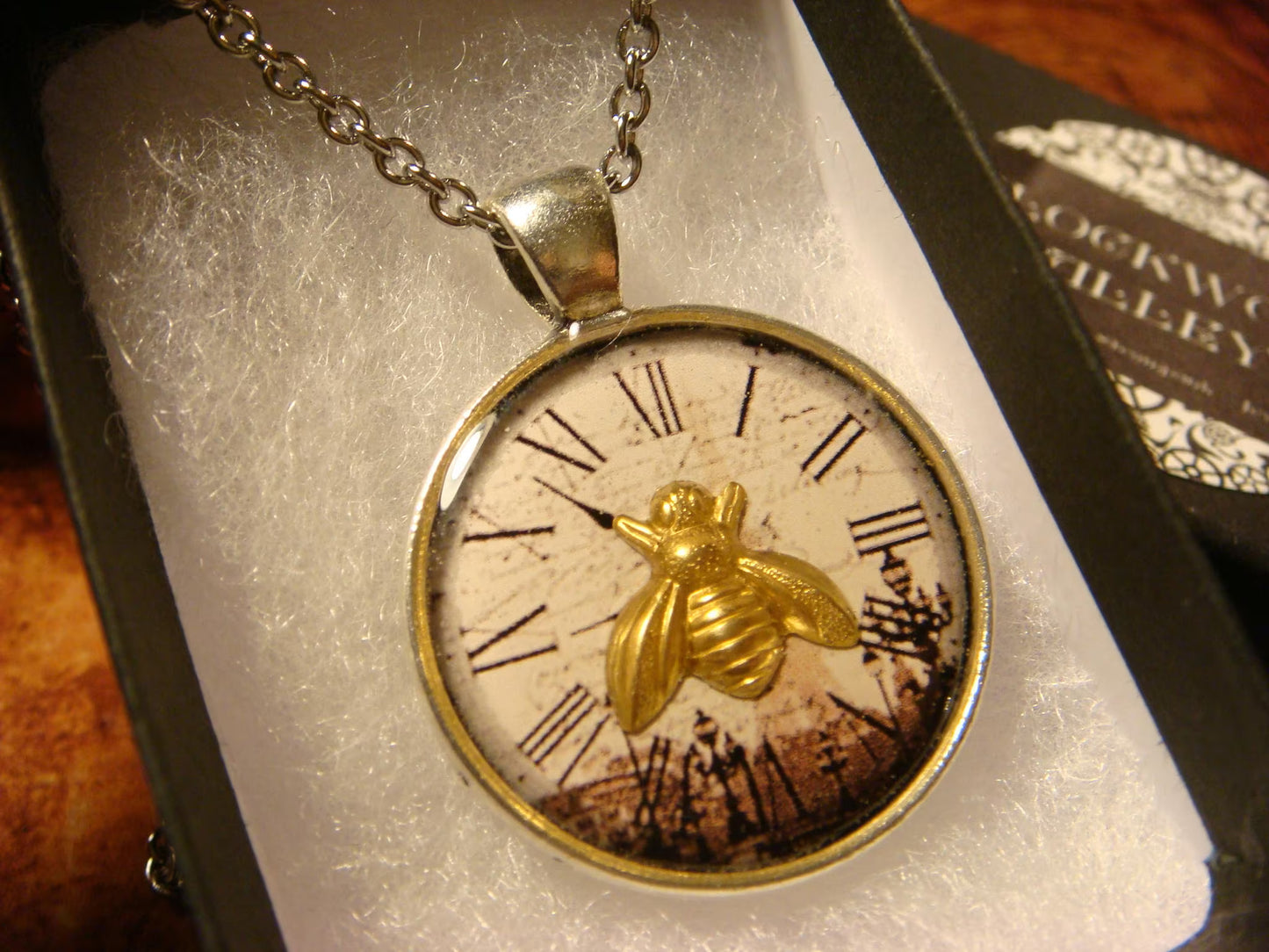 Bee over Victorian Clock Pendant Necklace