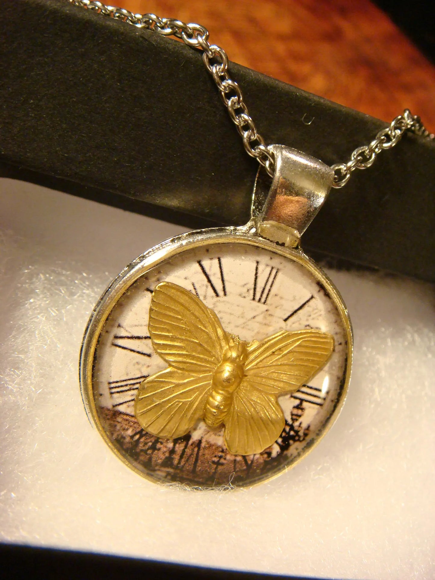 Butterfly over Victorian Clock Pendant Necklace