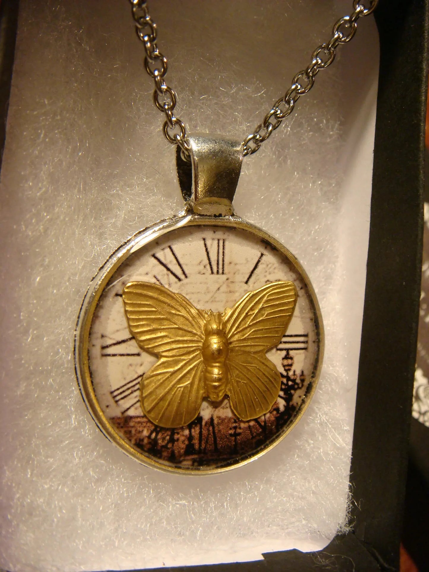 Butterfly over Victorian Clock Pendant Necklace