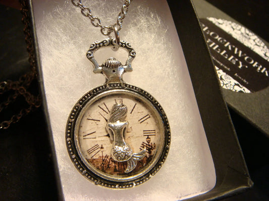 Mermaid over Victorian Clock Pocket Watch Pendant Necklace