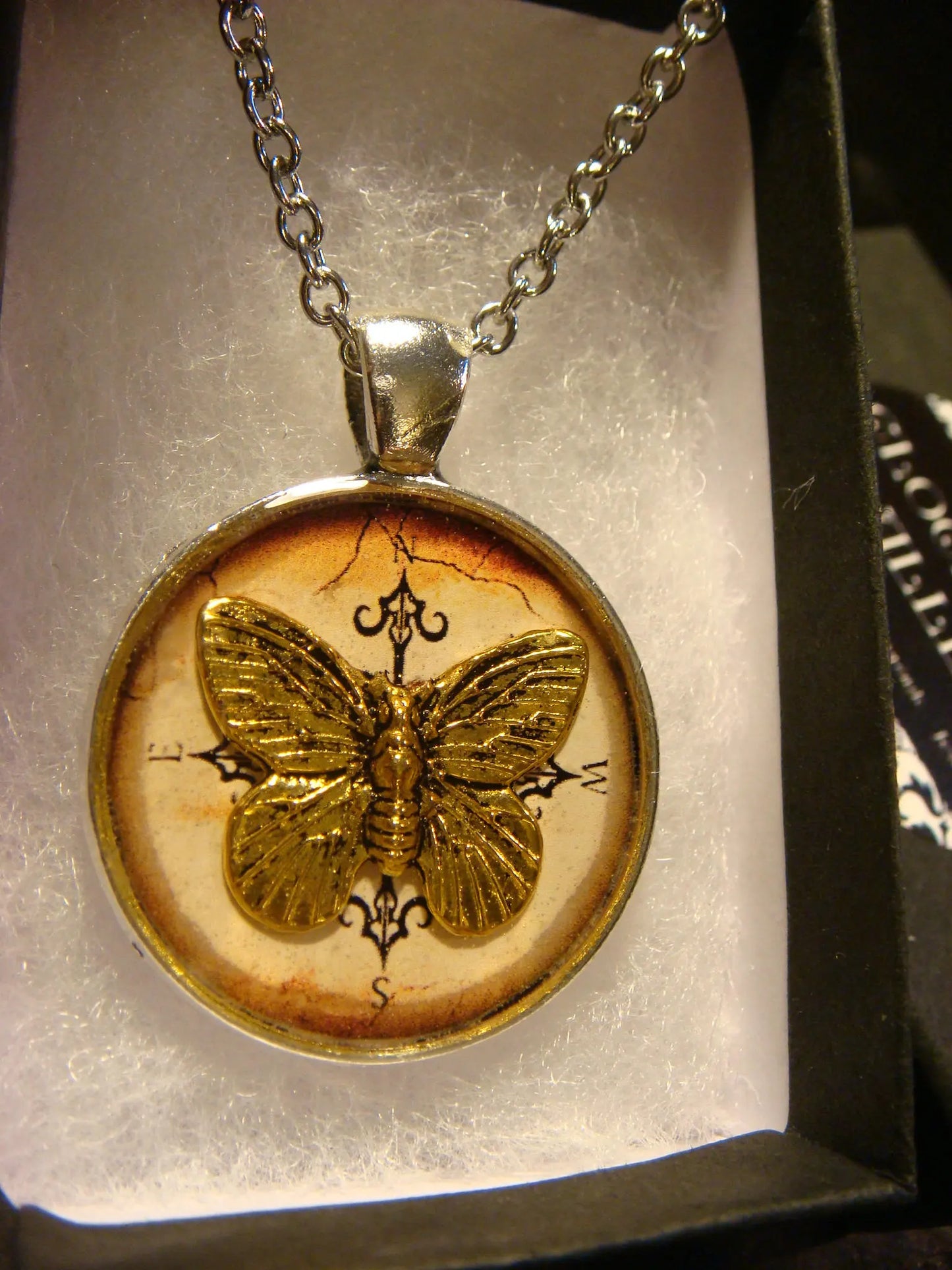 Butterfly over Compass Pendant Necklace