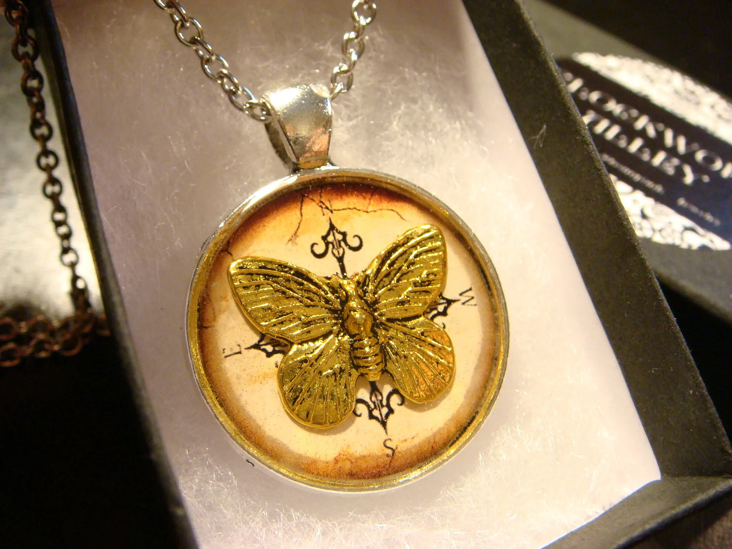 Butterfly over Compass Pendant Necklace