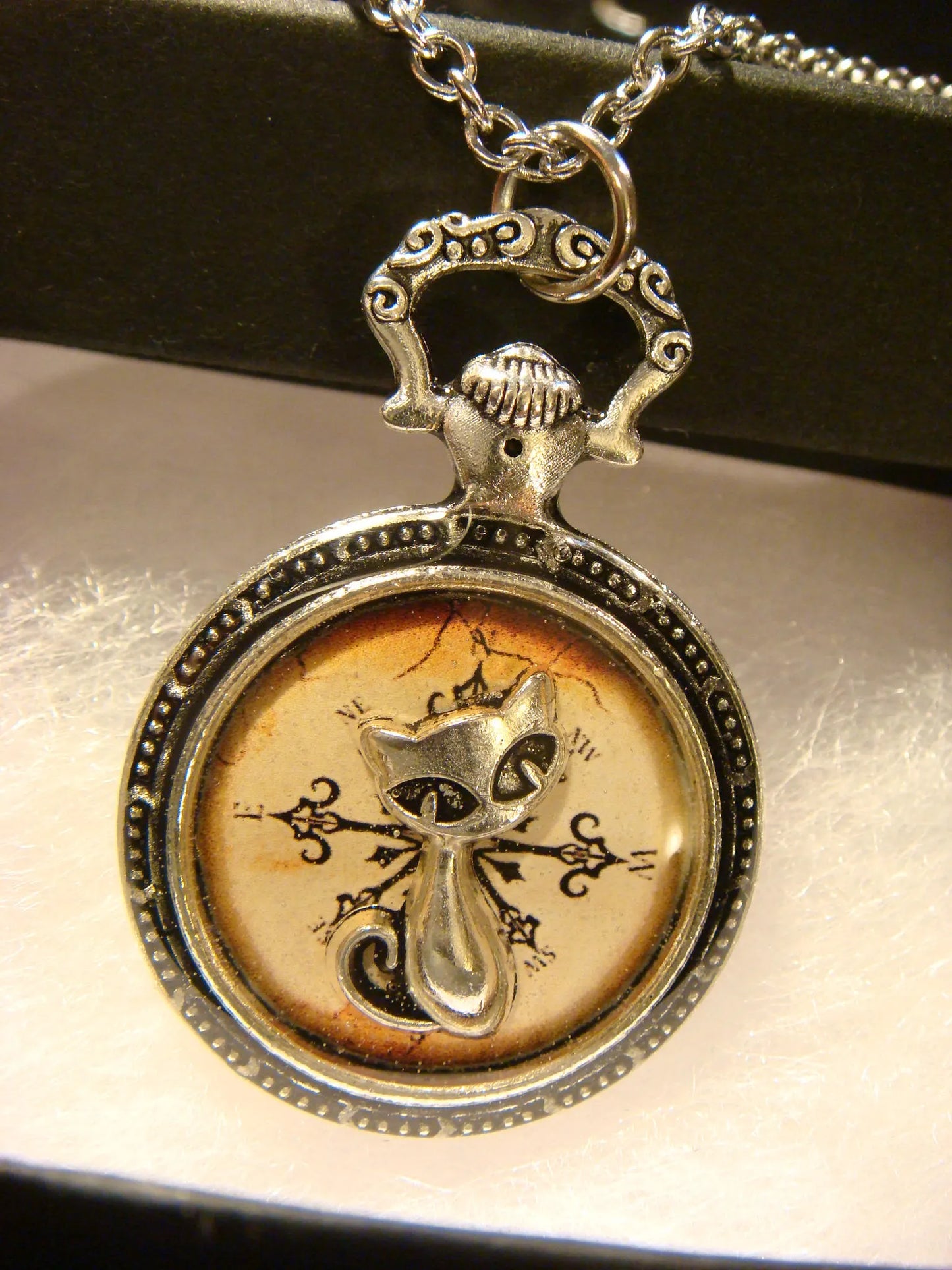 Cat over Compass Pocket Watch Pendant Necklace