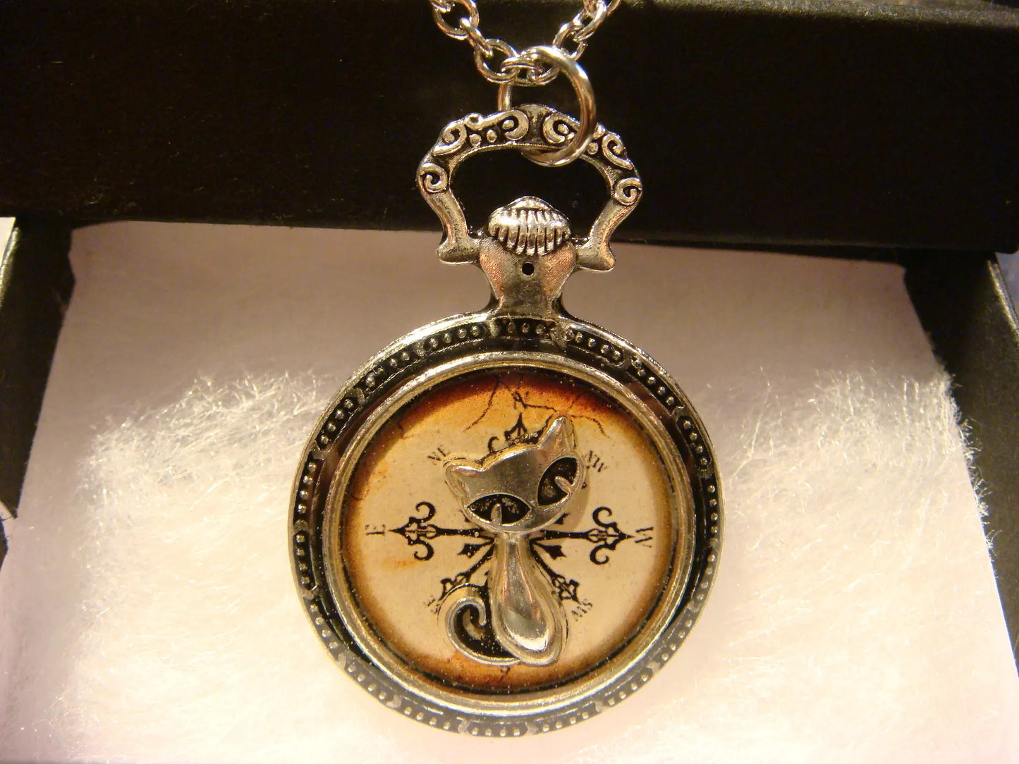 Cat over Compass Pocket Watch Pendant Necklace