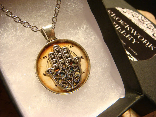 Hamsa over Compass Small Pendant Necklace